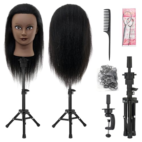 Mannequin Head 100% Real Hair,14”-16” Braiding Mannequin Head with Stand&Table Clamp,Real Hair Cosmetology Manikin Head with Mannequin Head Stand - color: Dark Gray