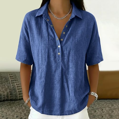Cotton Linen Shirts for Women 2026 Summer Gauze Shirts Button Down V Neck Half Sleeve Blouses Dressy Casual Clothes - color: Blue, size: 3X-Large