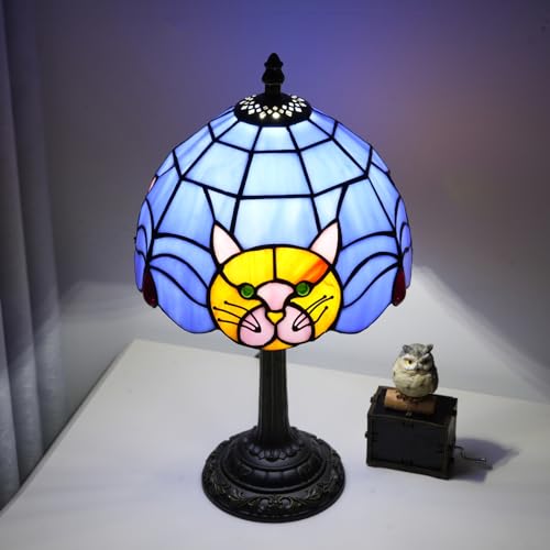 Small Tiffany Lamp Stained Glass Table Lamp, 8 Inch Vintage Blue Orange Cat Pattern, Cute Unique Bedside Nightstand Light Living Room Dining Room Decorative Desk Lamp Atmosphere Lamp Creative Gift - color: stained glass Lamp E