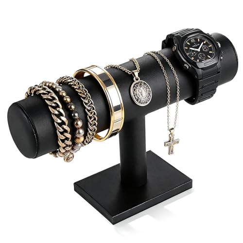 TENINYU Hovering T-Bar Bracelet Necklace Earring Bangle Pendants Anklet Tower Watch Key Jewelry Display Stand for Home Organization (Black Leatherette) - color: Black Leatherette