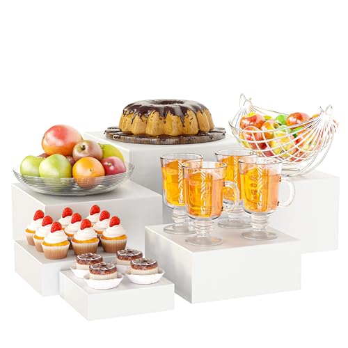 Metal Buffet Risers,6PCS Food Risers for Buffet Table 5in to 10in Display Stand for Wedding Catering Dessert Grayish White Cube Boxes Nesting Risers with Hollow Bottoms - color: Grayish White-6P