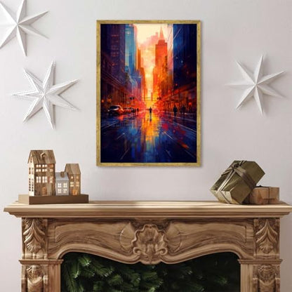 Framed Sunset Cityscape Canvas Print Modern Contemporary Poster Wall Art Stunning Painting Pictures Wall Decor for Living Room Office Home Decoration (12L x16W,Gold Framed) - size: 12L"x16W"