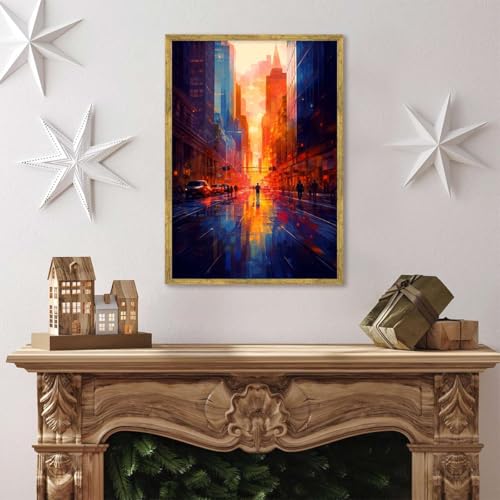 Framed Sunset Cityscape Canvas Print Modern Contemporary Poster Wall Art Stunning Painting Pictures Wall Decor for Living Room Office Home Decoration (16L x24W,Gold Framed) - size: 16l"x24w"