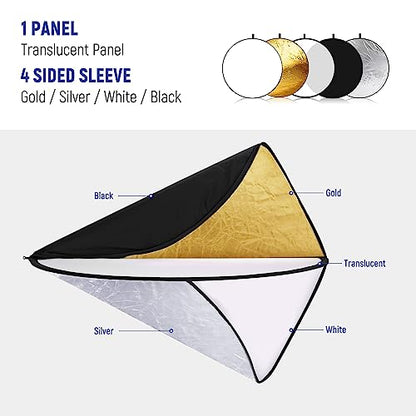 NEEWER 12"/30cm Light Reflector Light Diffuser 5 in 1 Collapsible Multi Disc with Bag - Translucent, Silver, Gold, White, and Black for Photography - size: 30cm