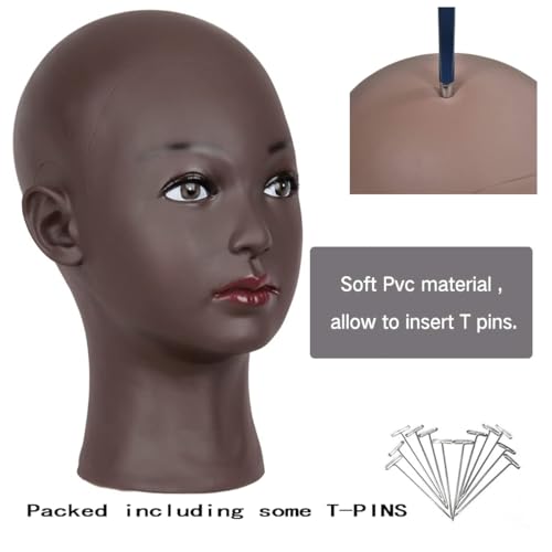 HAIRWAY Bald Mannequin Head Female Professional Cosmetology Training Head Bald Manikin Head for Wigs Making and Display Doll Head with Free T-pins (Black 21.5 Inch) - color: Female Bald Head 21.5“ Black