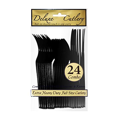 Party Essentials Extra Heavy Duty Hard Plastic Cutlery Combo Pack and Full Size Knives/Forks/Spoons, Black, 8 Place Setting-Count - color: Black, size: 24-Pieces/ 8-Place Settings