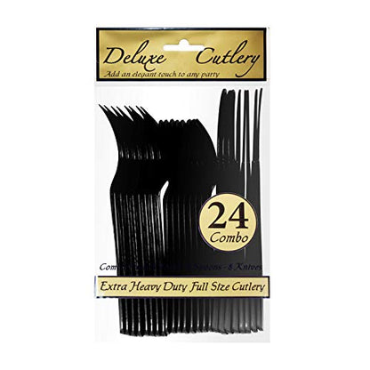Party Essentials Extra Heavy Duty Hard Plastic Cutlery Combo Pack and Full Size Knives/Forks/Spoons, Black, 8 Place Setting-Count - color: Black, size: 24-Pieces/ 8-Place Settings