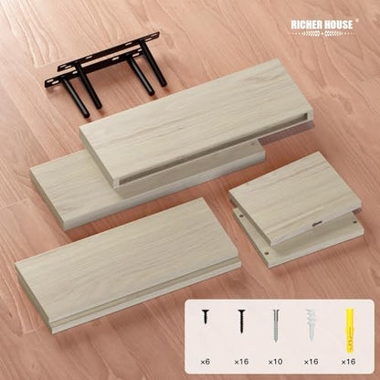 RICHER HOUSE Floating Shelves Set of 3, Modern Bathroom Shelves Wall Mounted with Invisible Brackets Over Toilet, Rustic Wall Shelves for Bathroom Bedroom, Living Room, Kitchen - Light Brown - color: Light Brown, size: 2+1
