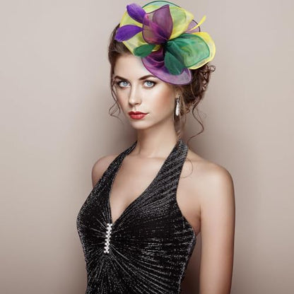 Fascinators Hats with Gloves Set for Women 20s 50s Cocktail Tea Party Wedding Costume Headwear - color: 03-green Purple Yellow