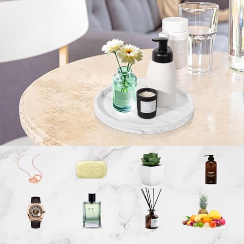 Silicone Bathroom 7" Tray Vanity Tray Trinket Tray for Scrubber, Lotion Bottles, Perfume, Jewelry, Candle, Key Trinket Ring (Marble White (Round)) - color: White (Round)