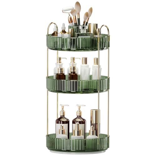 360° Rotating Makeup Organizer, Large-Capacity Skincare Make Up Storage 3 Tier Perfume Organizers Cosmetic Dresser Organizer with Makeup Brush Holder, Fits Bedroom, Bathroom, Vanity Shelf Countertop - color: Gem Green, size: 3 Tier