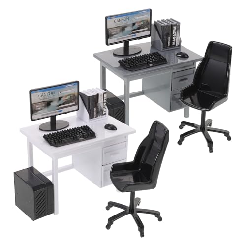Garneck 2 Sets Miniature Dollhouse Office Desk Set: 1:12 Scale Computer Table Chair Keyboard Mouse Monitor Books CPU Accessories for Mini Furniture Display Pretend School Project