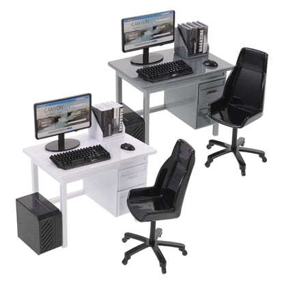Garneck 2 Sets Miniature Dollhouse Office Desk Set: 1:12 Scale Computer Table Chair Keyboard Mouse Monitor Books CPU Accessories for Mini Furniture Display Pretend School Project