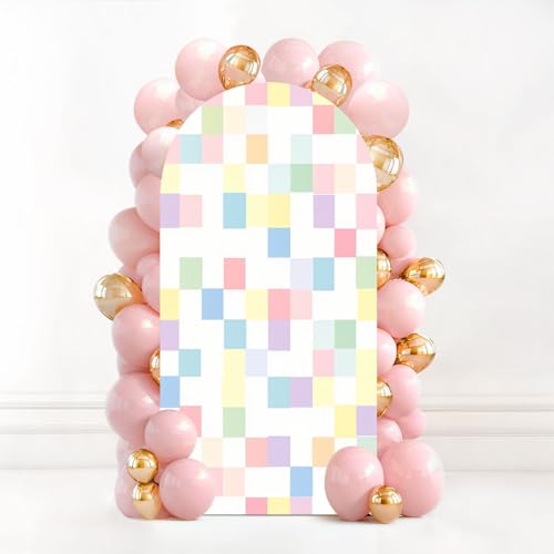6.6FT Wedding Arch Backdrop Cover Checkered Seamless Squares Cute Pastel Green Yellow Checkers Spandex Fitted Fabric Round Top Stretchy Stand Covers for Baby Shower Birthday Party Decoration - color: Color9, size: 6.6x3.3 FT