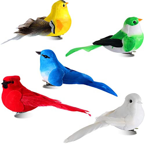Threan 5 Pcs Artificial Birds Fake Birds Clip on Realistic Bird Ornaments Figurines for Tree Feathered for Spring Easter Party Wreath Craft Yard Garden Home Decor Flower Arrangement, Assorted Colors - style: Bird
