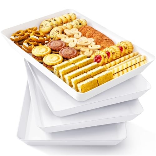 Lifewit Serving Tray for Party Supplies, Reusable Serving Platter for Catering, Snack, Fruit, Charcuterie, Appetizer, Plastic Food Trays, Hosting Essentials, BPA Free, White, 4 Pcs - size: Standard(14x10)