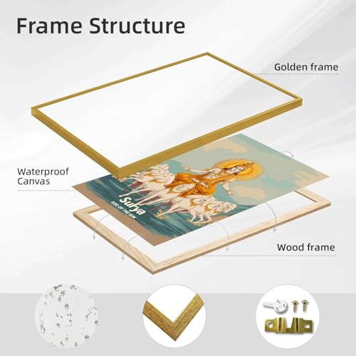 Framed Surya God of The Sun Poster Canvas Print Art Vintage Wall Art Painting Pictures Wall Decor Elegant Art Print Home Decor Living Room Office Decoration (Gold Framed,12L x16W)