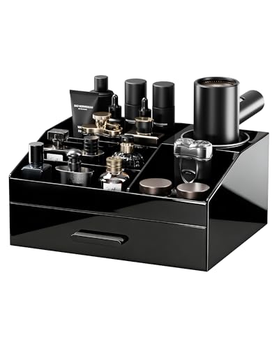 ProCase Cologne Organizer with Drawer, Acrylic Perfume Holder & Bathroom Countertop Organizer for Men & Women, Dresser Vanity Storage for Cologne, Perfume and Skincare -1 Layer, Cup - style: 1 Layer with Hair Dryer Holder