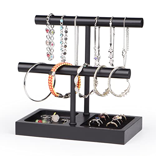SZQINJI Jewelry Holder Organizers Bracelet Holder Display Stand, Solid Wood Base with 2 Tier Metal T-bar for Bracelet Wristband Bangle Watch Necklace Hanging, Black, Christmas Gift - size: 2 Tier