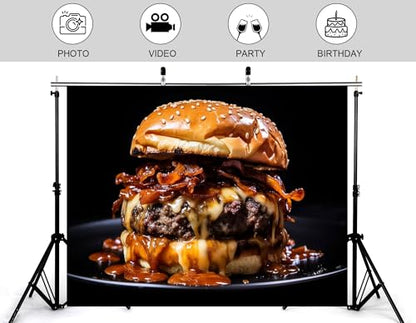 7x7ft Black Plate Burger Backdrop Melted Cheese Photography Background for Restaurant Menu and Food Shoot Decorations Tapestry Photo Booth Props - size: 7x7ft