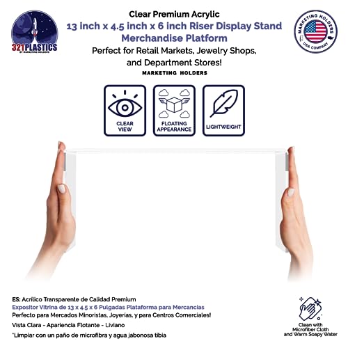 Marketing Holders 4 Pack Clear Acrylic Riser 13" Wide by 4.5" Deep Fixture Retail Jewelry Stores One Piece Reusable Ring Box Platform Lucite Throne Counter or Tabletop Pedestal - size: 13"W x 4.5"D x 6"H