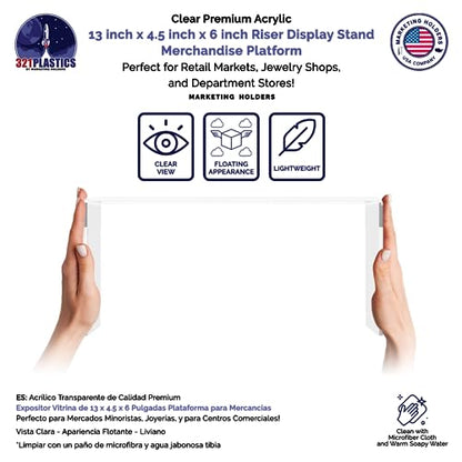 Marketing Holders 4 Pack Clear Acrylic Riser 13" Wide by 4.5" Deep Fixture Retail Jewelry Stores One Piece Reusable Ring Box Platform Lucite Throne Counter or Tabletop Pedestal - size: 13"W x 4.5"D x 6"H