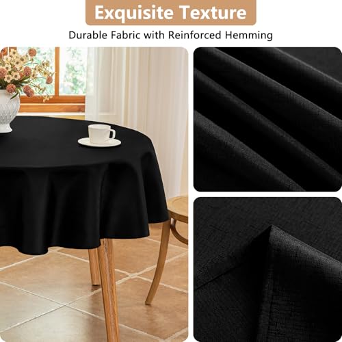 Seenus Textured 60 Inch Black Fabric Table Cloth Fits 30'' to 48'' Round Table, Faux Linen Water Resistant & Wipeable Circle Tablecloth, Washable for Dinning Kitchen Patio - color: Black, size: 60" (Round)