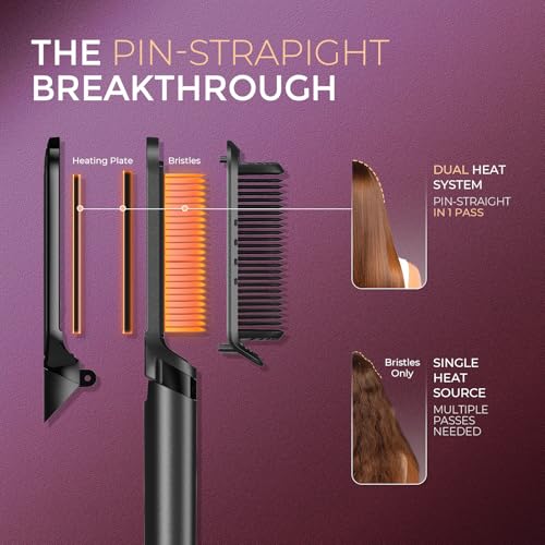TYMO Flat Iron Hair Straightener Brush 2 in 1, 200M Ions Hair Straighteners for Women, Ceramic Straightening Hot Comb for Anti-Frizz Straights, Waves, Curl, 3X Less Heat Damage, Dual Voltage, Black