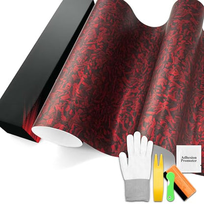 PET Marble Forged Carbon Fiber Textured Matte Red Vinyl Wrap Auto Car Sticker Decal Film Sheet Bubble Free Air Release Technology with Tool Set 5FTx25FT - size: 5ft X 25ft