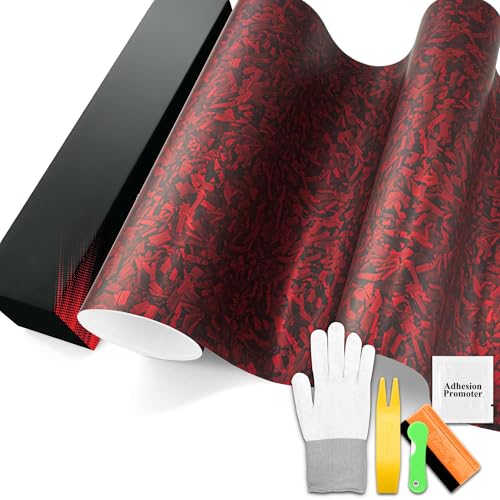 PET Marble Forged Carbon Fiber Textured Matte Red Vinyl Wrap Auto Car Sticker Decal Film Sheet Bubble Free Air Release Technology with Tool Set 5FTx45FT - size: 5ft X 45ft