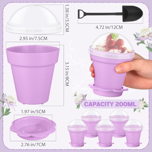 Honeydak 25 Pack Flowerpot Dessert Cup Plastic Cake Cups with Lid Shovel Spoon Mini Flower Pot Dessert Cups Ice Cream Yogurt Cupcake Holder Containers for Birthday Party Supplies DIY Baking (Purple) - color: Purple
