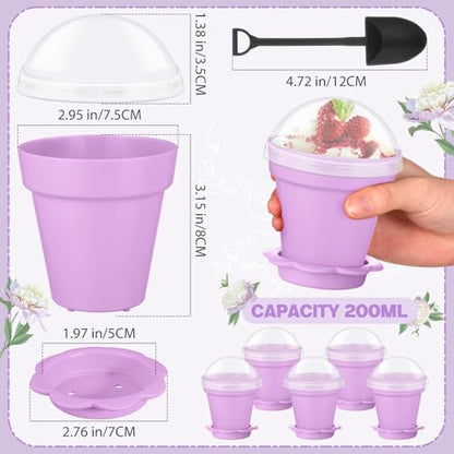 Honeydak 25 Pack Flowerpot Dessert Cup Plastic Cake Cups with Lid Shovel Spoon Mini Flower Pot Dessert Cups Ice Cream Yogurt Cupcake Holder Containers for Birthday Party Supplies DIY Baking (Purple) - color: Purple