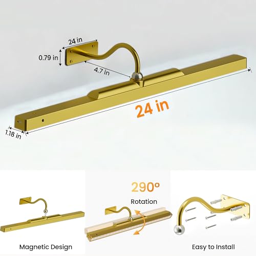 3 Pack Gallery Picture Frame Lights - 24Inch Gold Battery Wireless Wall Mounted Lighting for Large Art, Posters, Canvas & Gallery Walls - color: Gold, size: 24IN-3pack