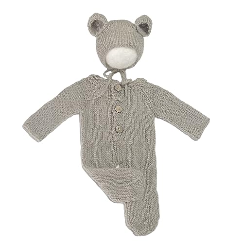 2Pcs Newborn Photography Props Boy Photo Posing Outfits Baby Photoshoots Girl Crochet Bear Hat Romper - color: Grey