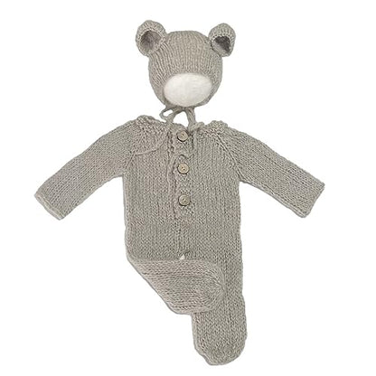 2Pcs Newborn Photography Props Boy Photo Posing Outfits Baby Photoshoots Girl Crochet Bear Hat Romper - color: Grey