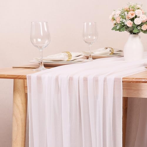 10FT White Chiffon Table Runner 30x120 Inches Romantic Sheer Table Runner Boho for Baby Bridal Shower Decorations Wedding Birthday Party Outdoor Decor - color: White, size: 10FT × 1pc