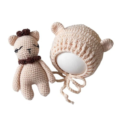 Zeroest Newborn Photography Outfits Boy Girl Bear Props Baby Photoshoot Crochet Bonnet Stuffed Animals for Newborn Photo - color: Beige