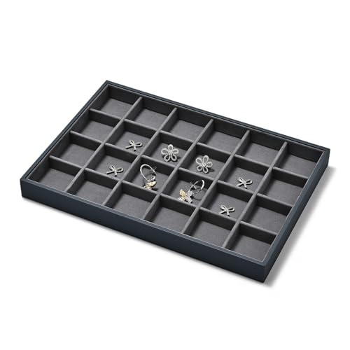 24 Grids Grey Jewelry Organizer Tray Grey Microfiber Jewelry Ring Earrings Display Organizer Tray - size: 24 Grid