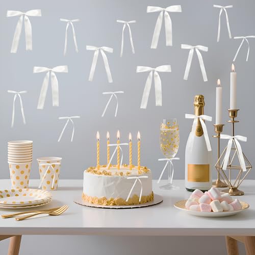 48Pcs White Bow Wall Decor, Satin Ribbon Bow Birthday Decorations Photo Backdrop Party Decor for Birthday Baby Shower Bachelorette Wedding Party Room Bedroom - color: White