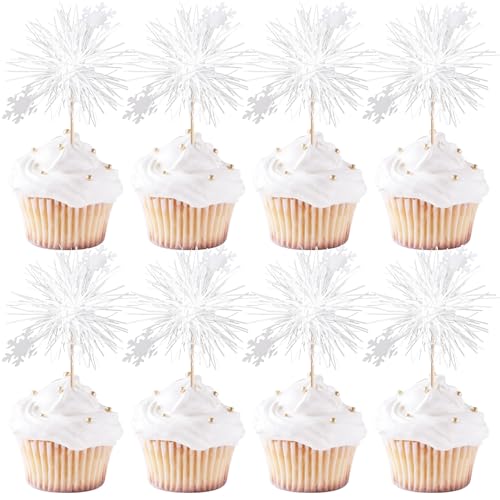 30 PCS Foil Firework Cupcake Toppers Snowflake Cupcake Picks Birthday Cupcake Toppers Sparkle Tinsel Flower Drink Stirrers Cocktail Fruit Toothpicks for Baby Shower Birthday Party Cake Decor Supplies - color: A White Snowflake