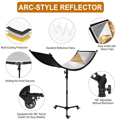 Clamshell Light Reflector Diffuser with Rolling Stand and Carrying Bag, 70"x24"/180x60cm Arclight Curved Lighting Reflector for Photo Studio Photography with White/Gold/Silver/Black Colors by MCCKLE