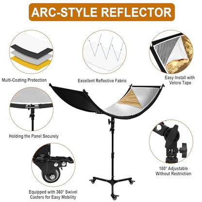 Clamshell Light Reflector Diffuser with Rolling Stand and Carrying Bag, 70"x24"/180x60cm Arclight Curved Lighting Reflector for Photo Studio Photography with White/Gold/Silver/Black Colors by MCCKLE