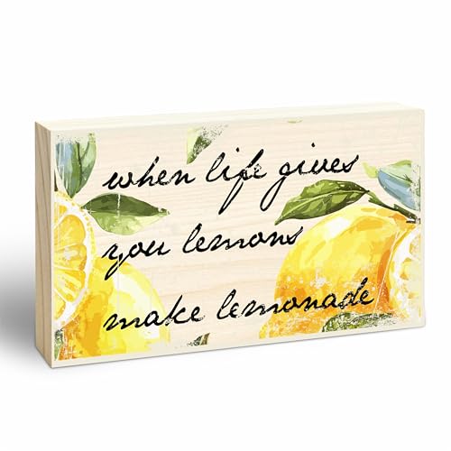 Watercolor Wooden Block Sign Gift - When Life Gives You Lemons Make Lemonade - Cheerful Wood Plaque Tabletop, Shelf Display, Gift For Women And Men, Rustic Home & Office Decorations - B08