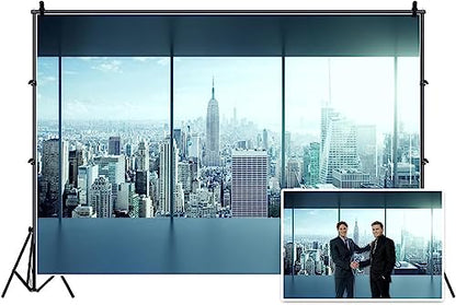 AOFOTO 12x8ft Business Office Sash Window Backdrop French Window Photography Background Empty Casement Work Modern City Building New York Skyscraper Photo Studio Prop Success Job City Landscape Vinyl - size: 12x8ft