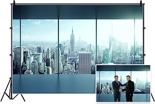 AOFOTO 12x8ft Business Office Sash Window Backdrop French Window Photography Background Empty Casement Work Modern City Building New York Skyscraper Photo Studio Prop Success Job City Landscape Vinyl - size: 12x8ft