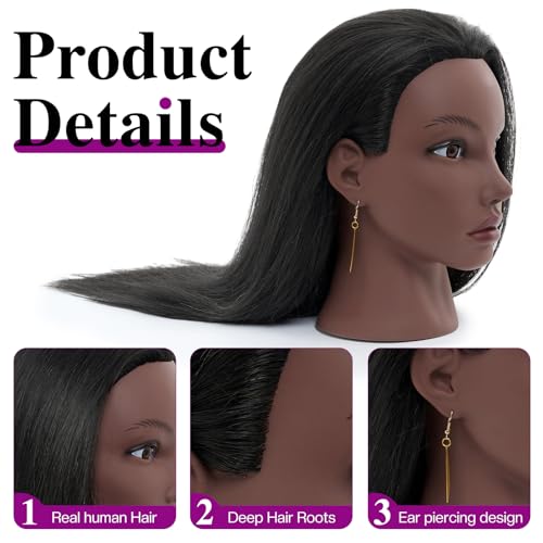 20 Inch Mannequin Head Human Hair with Stand,100% Real Hair Mannequin Head for Braiding,Cosmetology Manikin Doll Head for Styling with Mannequin Head Stand Table Clamp Hair Braiding Set - color: light grey