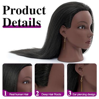 20 Inch Mannequin Head Human Hair with Stand,100% Real Hair Mannequin Head for Braiding,Cosmetology Manikin Doll Head for Styling with Mannequin Head Stand Table Clamp Hair Braiding Set - color: light grey