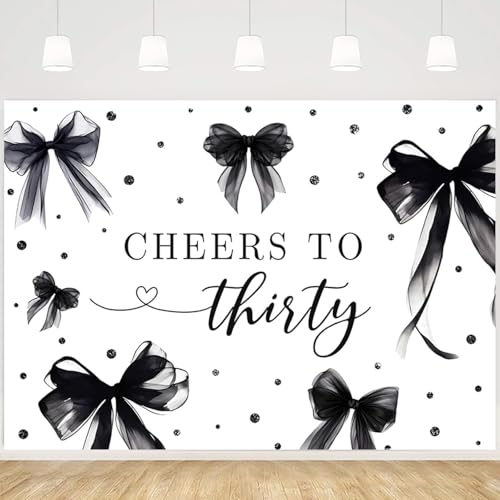 MEHOFOND Coquette 30th Birthday Backdrop for Women Cheers to Thirty Photography Background Black Bow Theme Birthday Party Banner 30 Years Celebration Party Photo Props 6x3.6ft - color: Black, size: 6x3.6ft