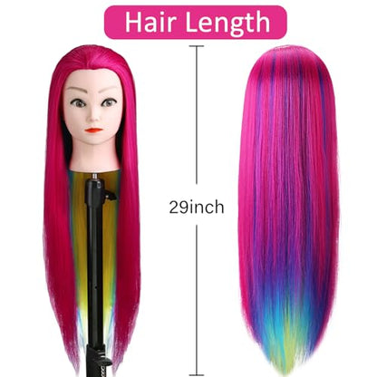 Mannequin Head with Hair, Beauty star 29" Cosmetology Doll Head for Hair Styling to Practice on, Hairdressing Training Braiding Heads with Clamp Stand Holder Kit - color: Hot Pink