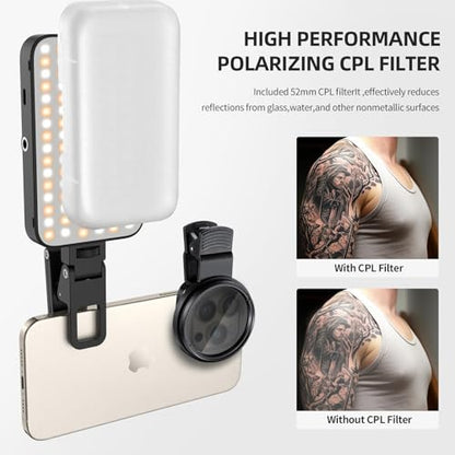 Selfie Tattoo Light Kit,Tattoo Equipment Supplies,Remove Glare LED Tattoo Photography Video Lights with 52mm CPL,Tripod Light,Dual Clips for Video Recording,TikTok,YouTube,for Phone,Camera,Laptop,iPad